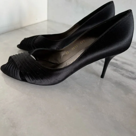 Salvatore Ferragamo Black Satin Pleated Peep-Toe Heels • 9 • NEW - Picture 7 of 11